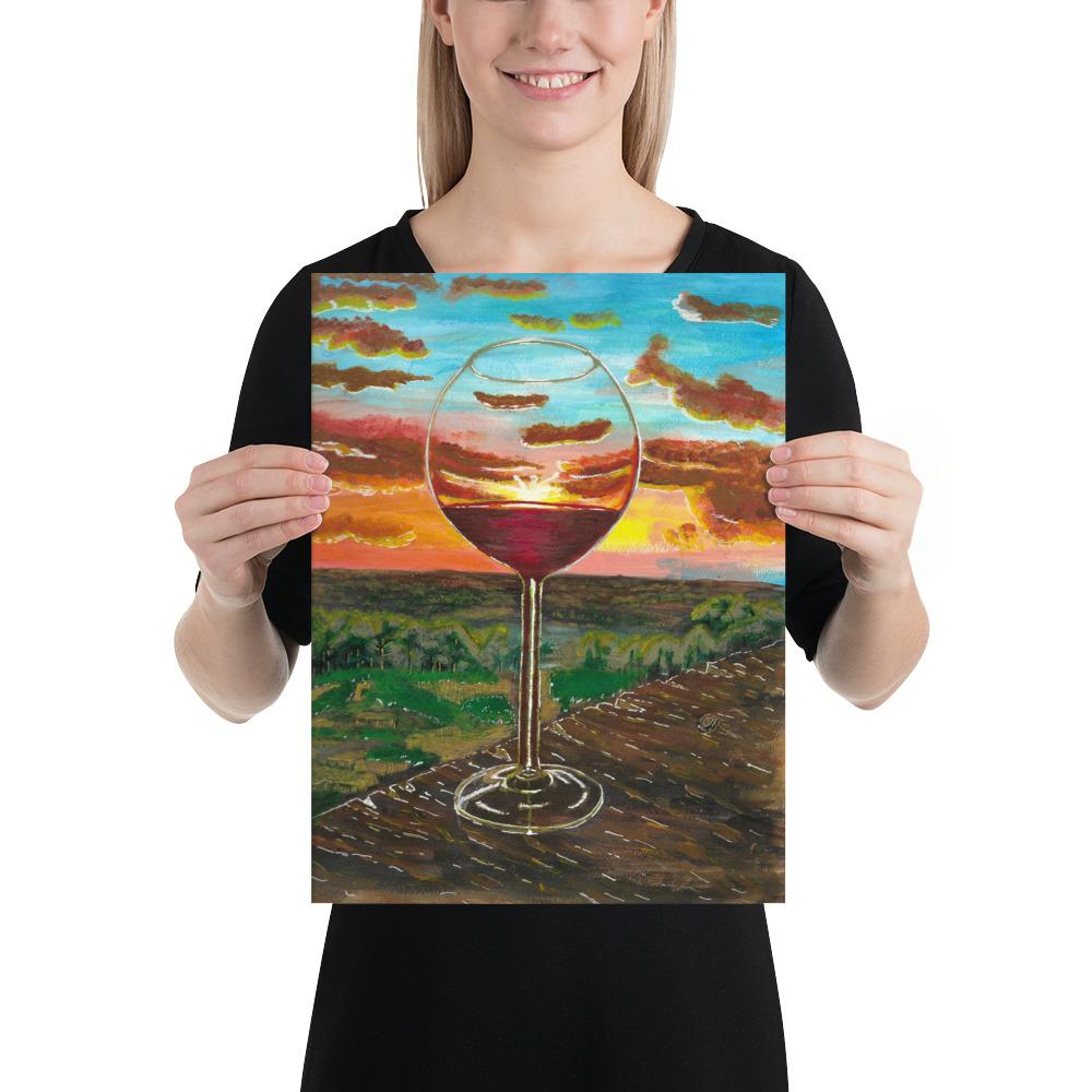 Auringonlasku ja viinilasi -taidetaulu seinälle / kehyksiin Taiteilija Malou - ArtStudio Malou 12×16 lahjaideat ja lahjaideoita lahjashop