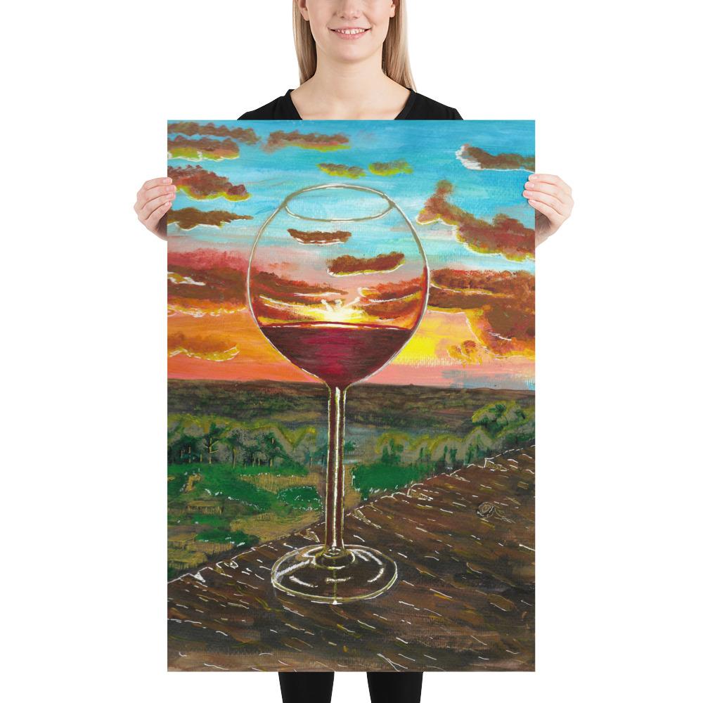 Auringonlasku ja viinilasi -taidetaulu seinälle / kehyksiin Taiteilija Malou - ArtStudio Malou 24×36 lahjaideat ja lahjaideoita lahjashop