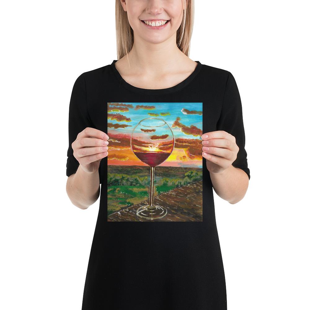 Auringonlasku ja viinilasi -taidetaulu seinälle / kehyksiin Taiteilija Malou - ArtStudio Malou 8×10 lahjaideat ja lahjaideoita lahjashop
