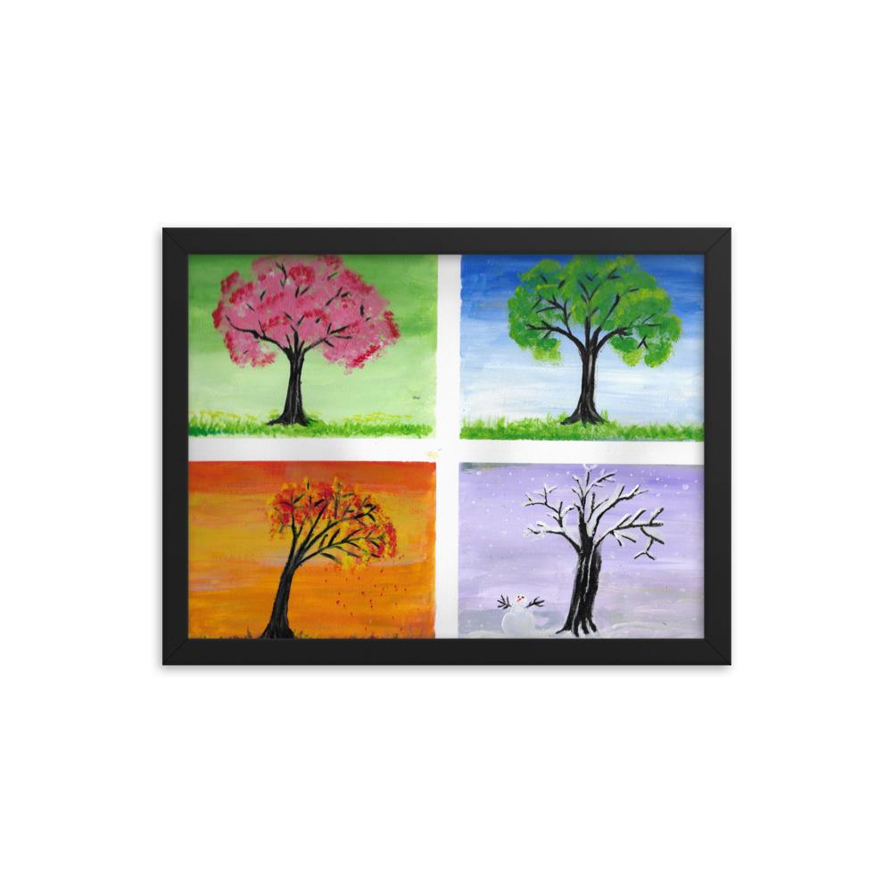 Neljä vuodenaikaa ja kirsikkapuu kehystetty taulu Taiteilija Malou - ArtStudio Malou Mustat leppäkehykset 12×16 lahjaideat ja lahjaideoita lahjashop