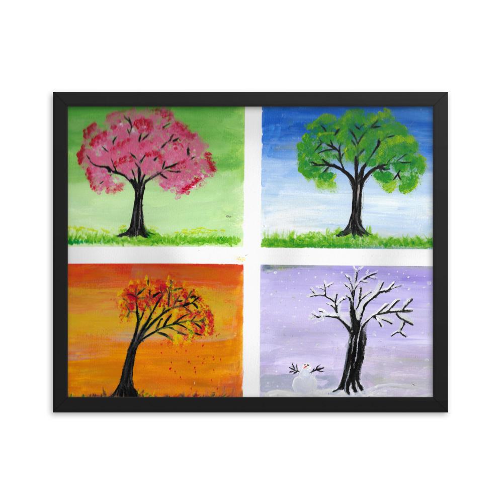 Neljä vuodenaikaa ja kirsikkapuu kehystetty taulu Taiteilija Malou - ArtStudio Malou Mustat leppäkehykset 16×20 lahjaideat ja lahjaideoita lahjashop