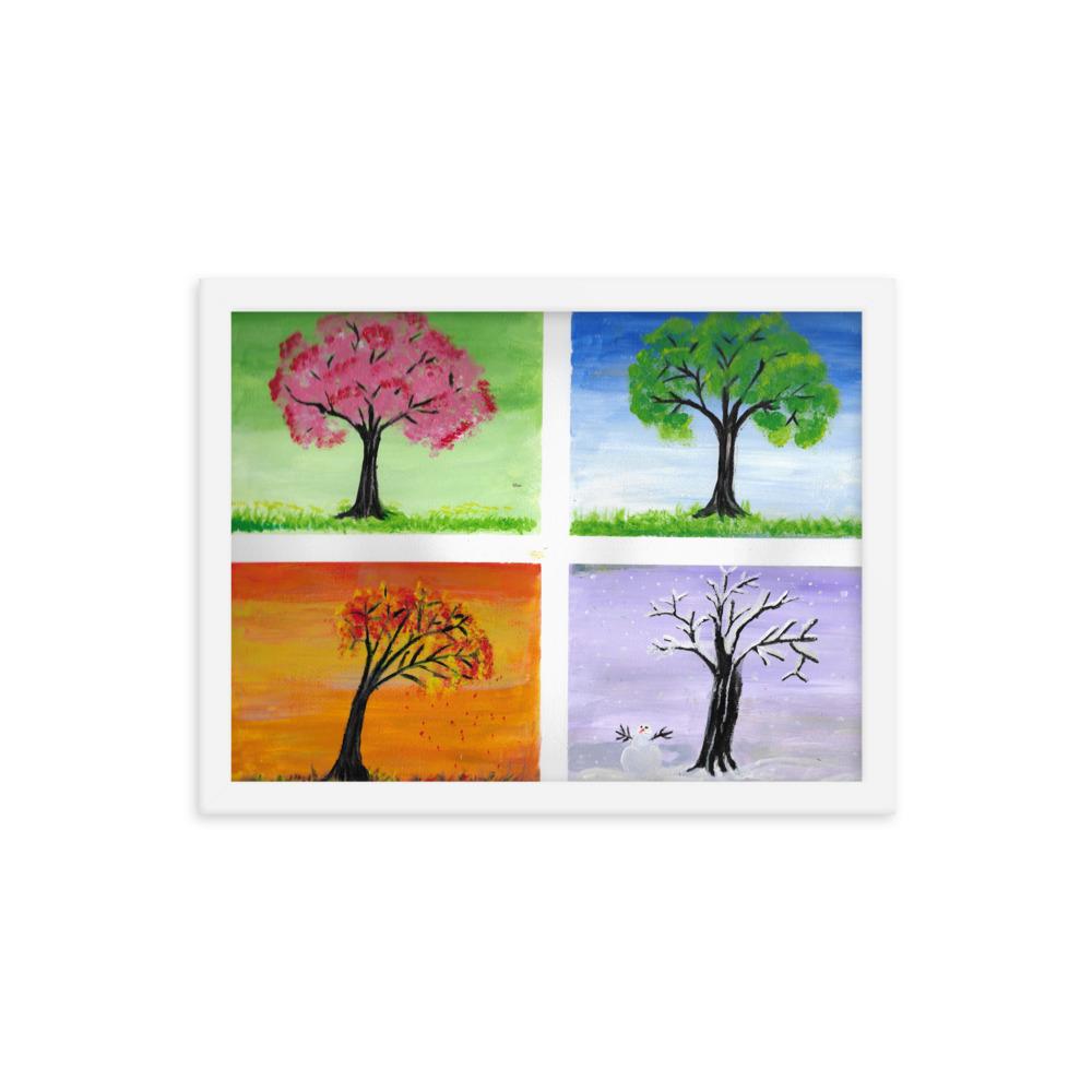 Neljä vuodenaikaa ja kirsikkapuu kehystetty taulu Taiteilija Malou - ArtStudio Malou Valkoiset leppäkehykset 12×16 lahjaideat ja lahjaideoita lahjashop