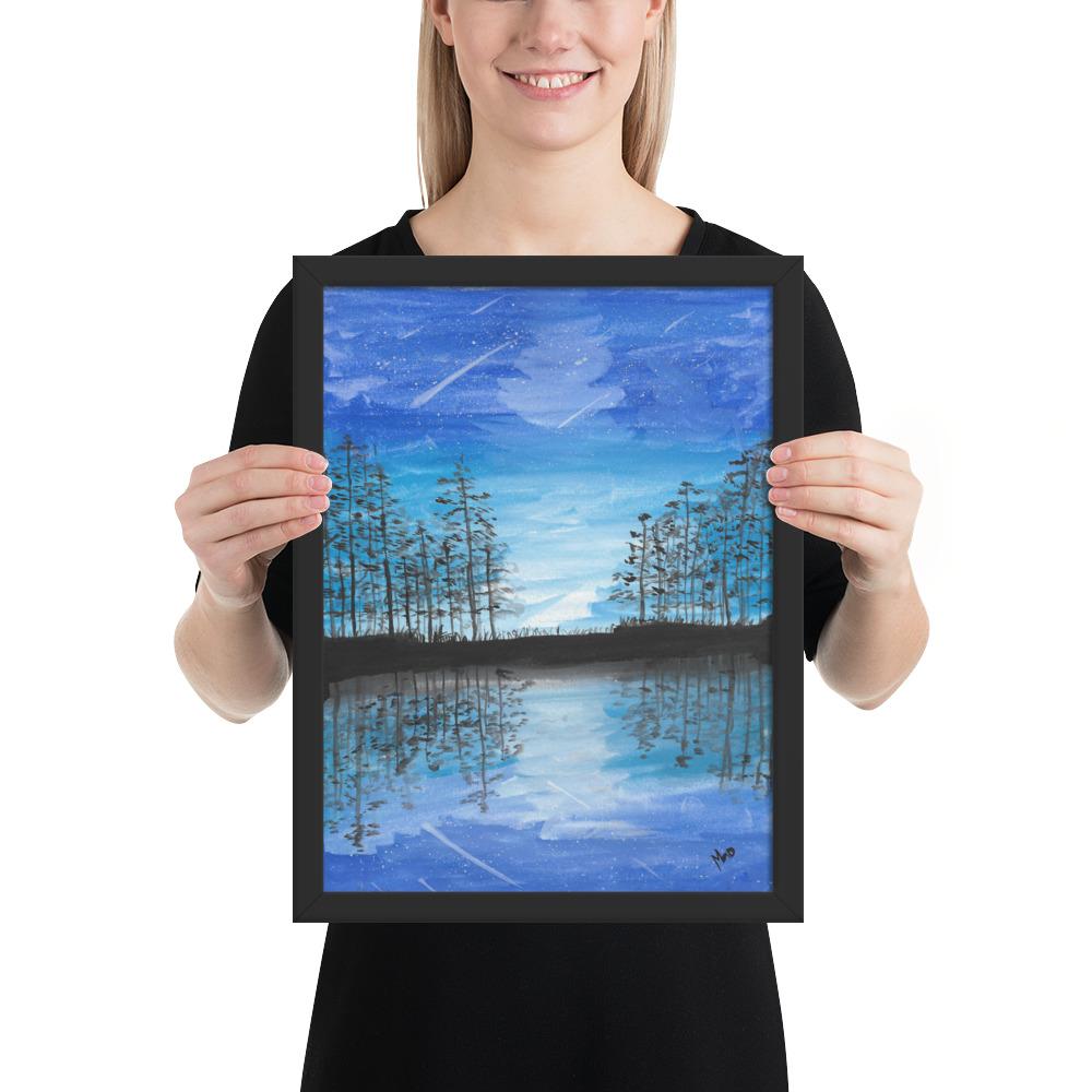 Tähtitaivas ja mystinen järvi kehystetty taulu Taiteilija Malou - ArtStudio Malou Musta leppäpuu 12×16 lahjaideat ja lahjaideoita lahjashop