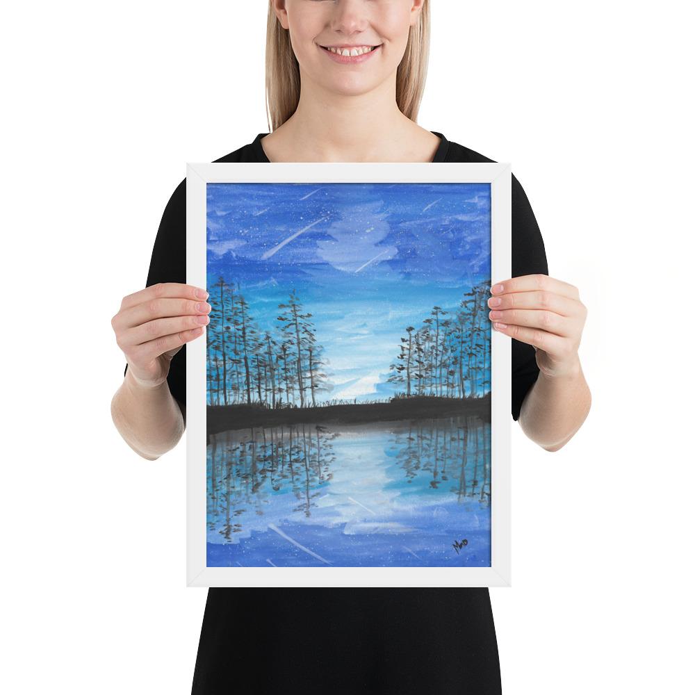Tähtitaivas ja mystinen järvi kehystetty taulu Taiteilija Malou - ArtStudio Malou Valkoinen leppäpuu 12×16 lahjaideat ja lahjaideoita lahjashop